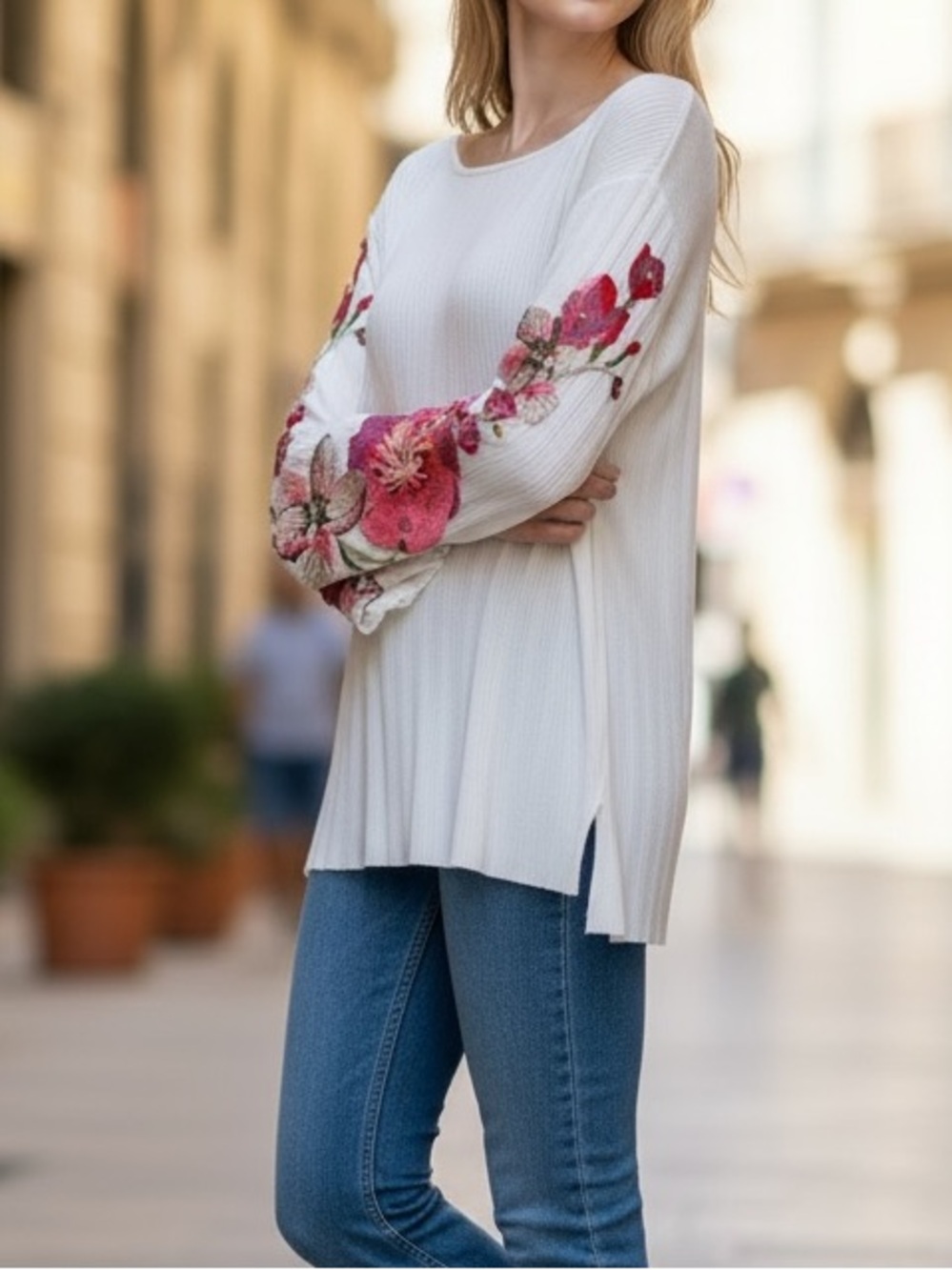 NWOT White Ribbed Sweater with Floral Embroidered Bell Sleeves